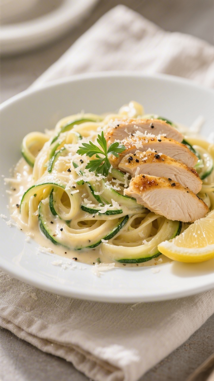 Final plated dish: Chicken Alfredo with zucchini ribbons—wide, glossy green-and-pale zucchini “f