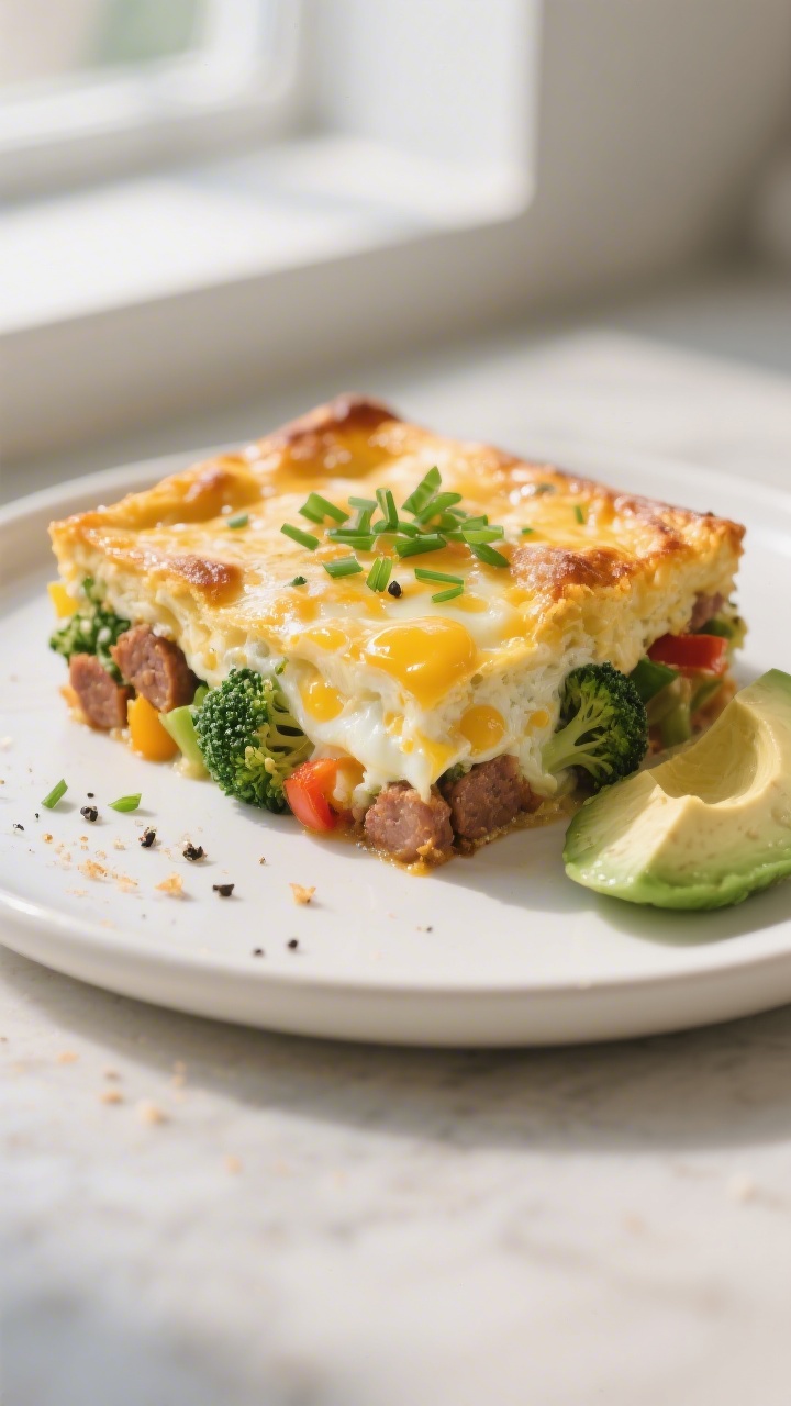 Final plated dish, hero shot: Golden-baked low carb egg casserole square on a matte white plate—cl