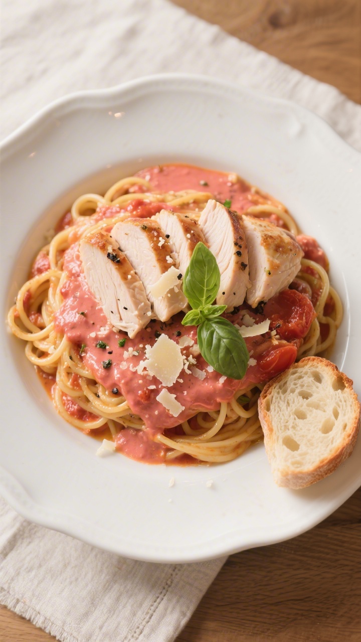 Final plated dish, overhead: Creamy tomato‑basil chicken sliced and fanned over al dente pasta on 