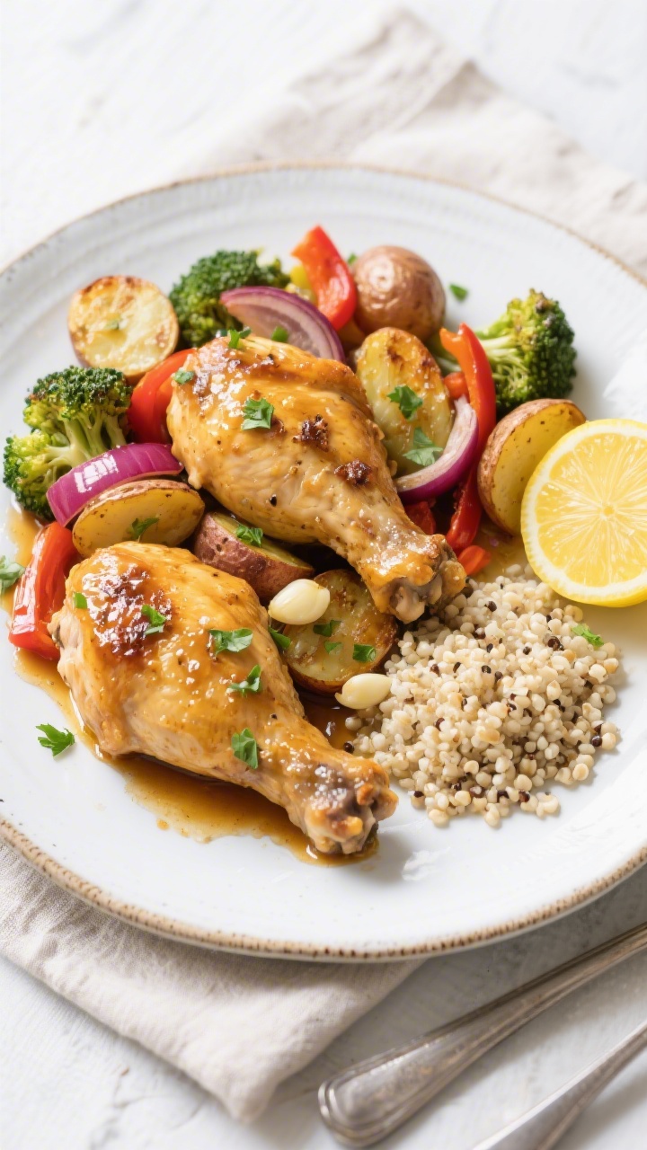 Final plated dish, restaurant-quality: Beautifully plated One-Pan Lemon Garlic Chicken and Veggies o
