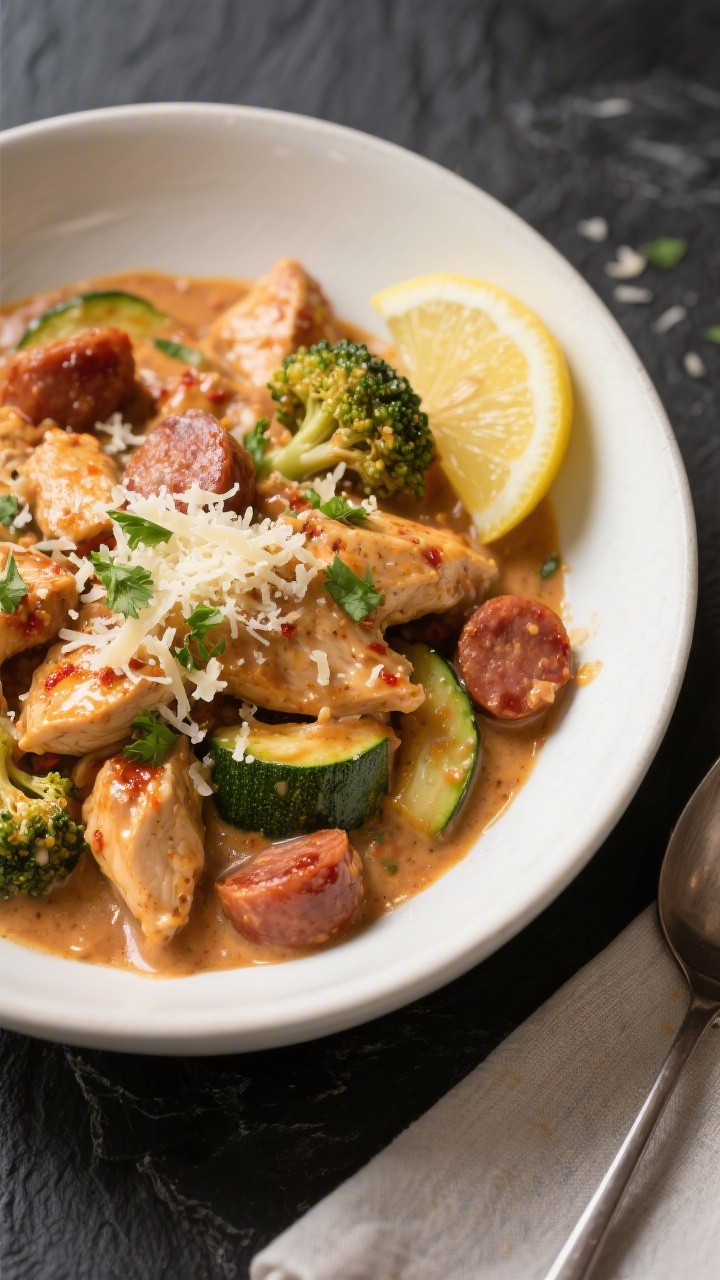 Final plated dish: Restaurant-quality bowl of Creamy Cajun Chicken & Sausage one-pot keto meal—thi