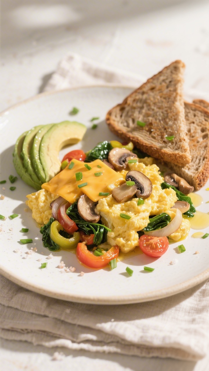Final plated dish, restaurant-quality: Fluffy veggie egg scramble finished soft and glossy, folded w