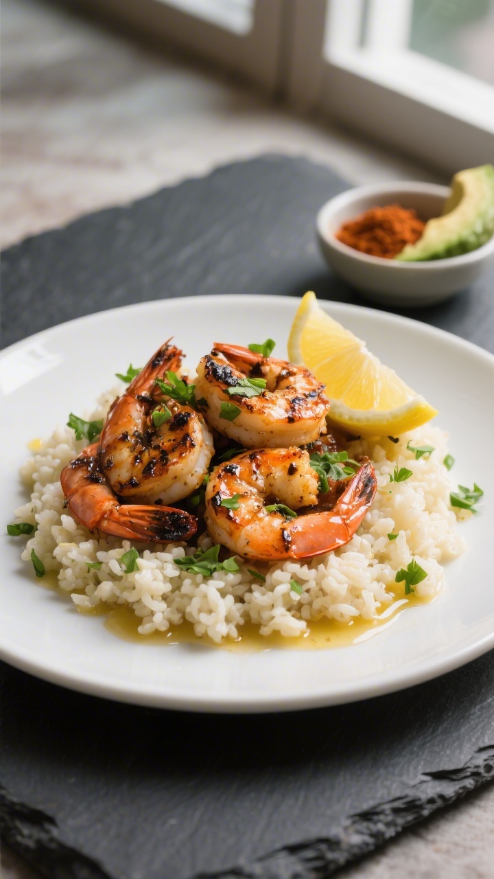 Final plated dish: Restaurant-quality plate of blackened shrimp over fluffy cauliflower rice, garnis
