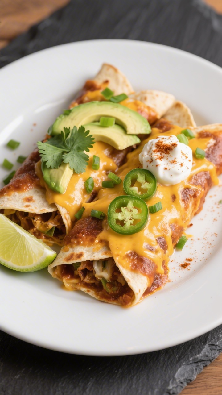 Final plated dish: Restaurant-quality plate of two low carb enchiladas made with low carb tortillas,