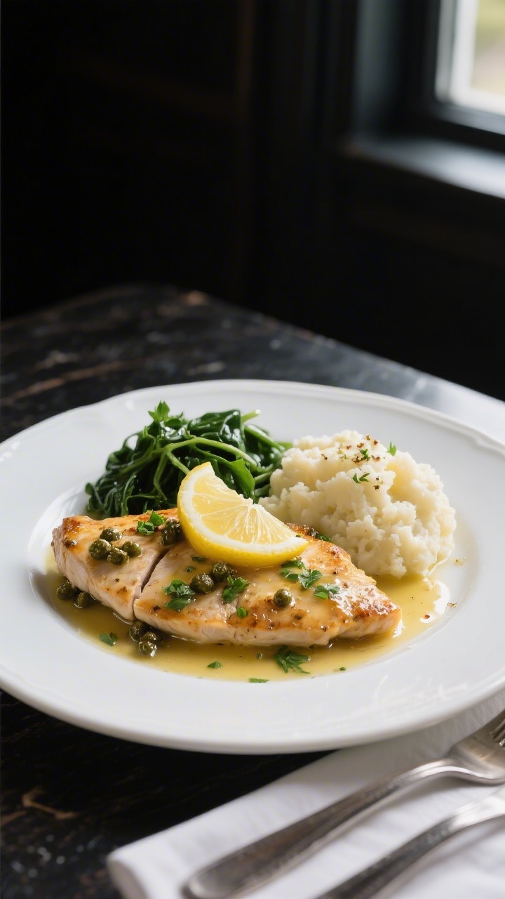 Final plated dish — restaurant-quality presentation: Beautifully plated low carb chicken piccata o