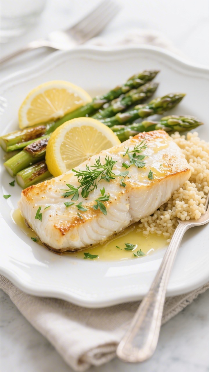 Final plated dish: Restaurant-quality presentation of Easy Baked Halibut on a white ceramic plate, f