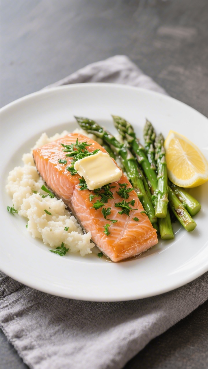 Final plated dish: Restaurant-quality presentation of sous vide salmon (medium-rare, 125°F) topped 