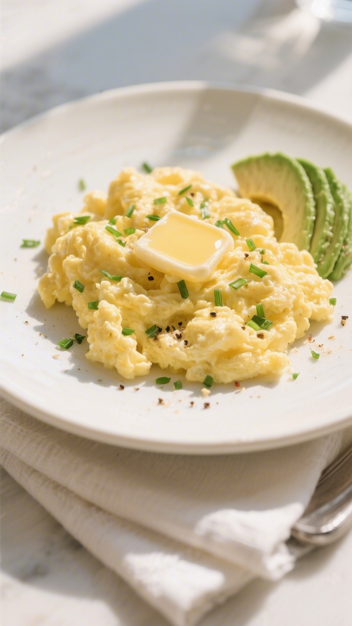 Final plated dish: Restaurant-quality presentation of keto fluffy scrambled eggs on a warm white cer