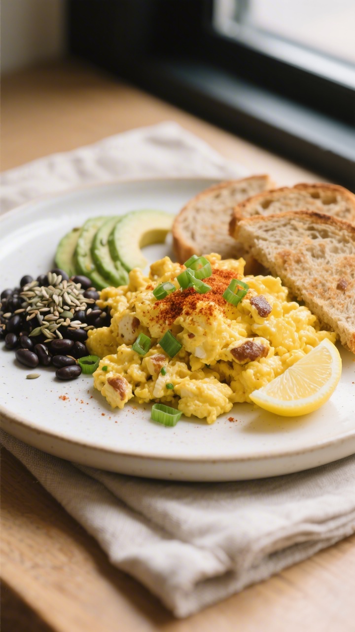 Final plated dish, restaurant-quality presentation: Beautifully plated tofu scramble piled onto a wa
