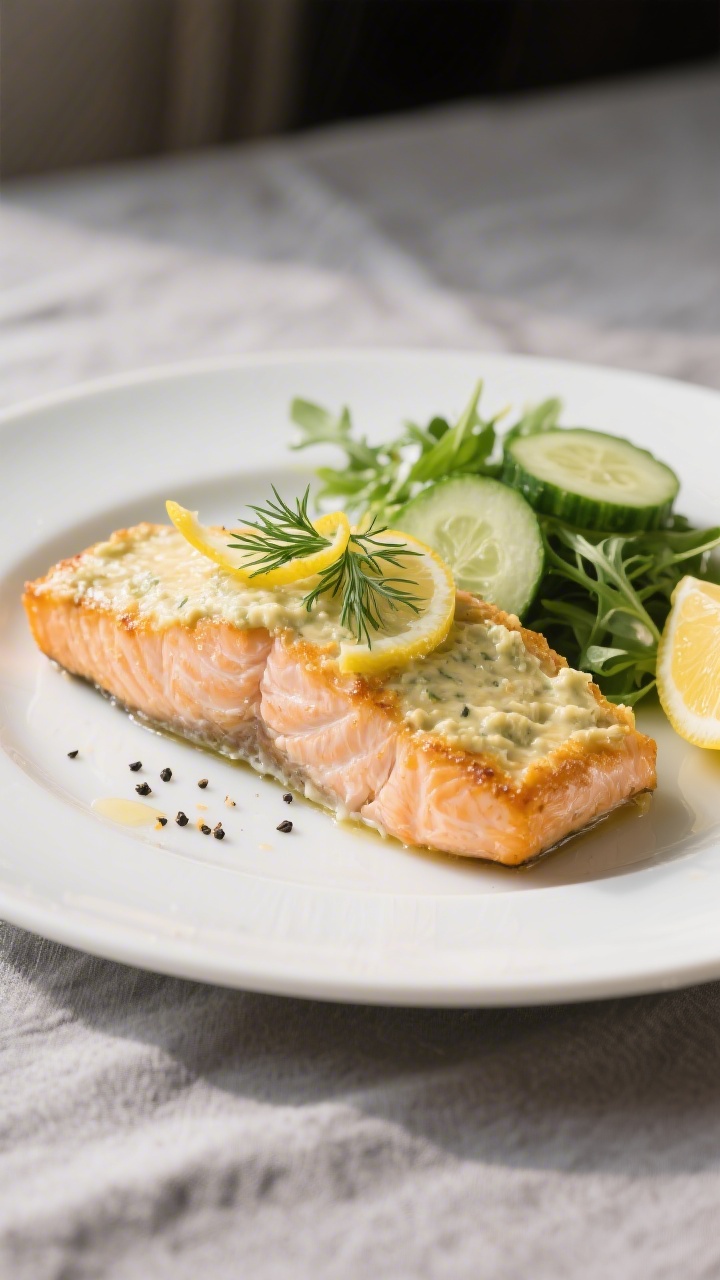 Final plated dish: Restaurant-quality presentation of Baked Horseradish Salmon Keto on a matte white