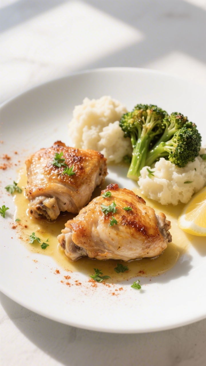 Final plated dish: Restaurant-quality presentation of two Garlic Butter Chicken Thighs on a wide whi