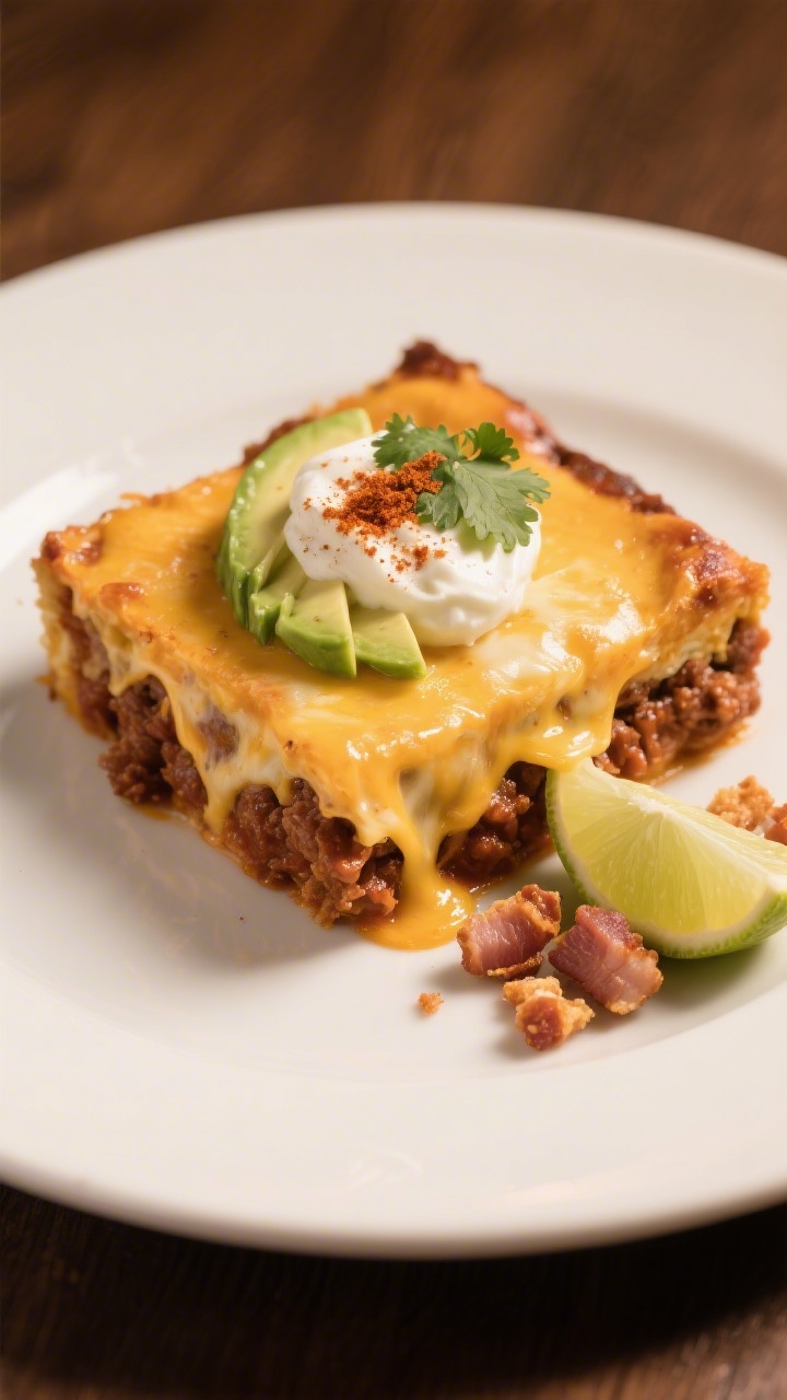 Final plated dish: Restaurant-quality presentation of a generous square of the chili bake on a warm 