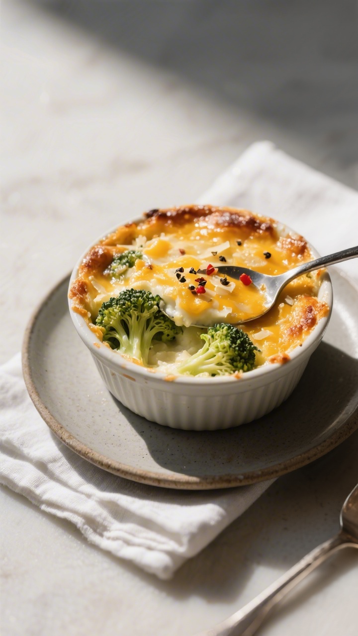 Final plated dish: Restaurant-quality presentation of the baked single-serve keto broccoli casserole