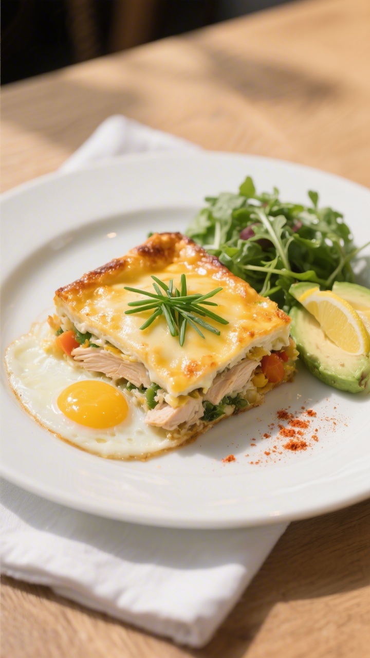 Final plated dish: Restaurant-quality presentation of a neatly sliced square of cheesy chicken baked
