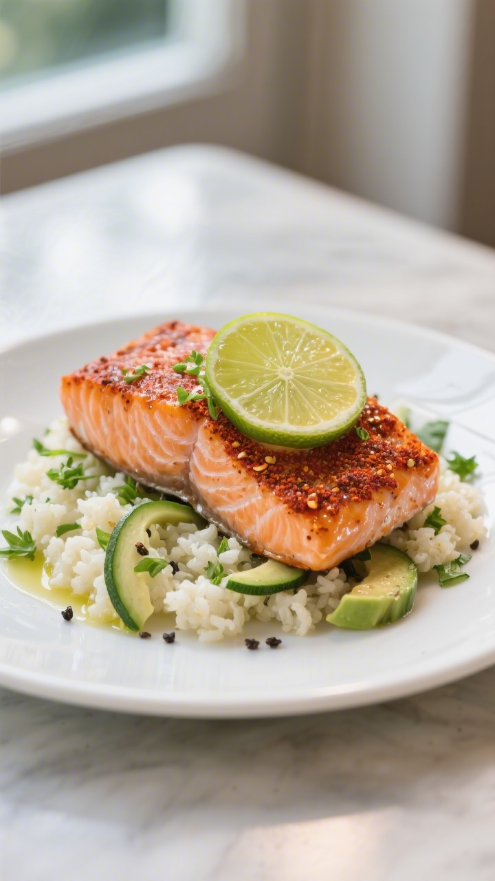 Final plated dish: Restaurant-quality presentation of Chili-Lime salmon variation on a matte white p