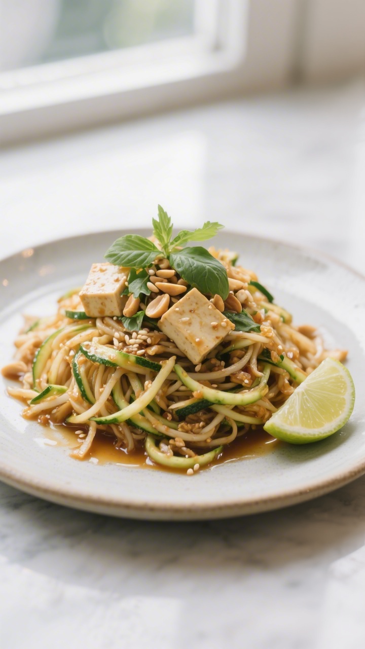 Final plated dish: Restaurant-quality presentation of zucchini-noodle Pad Thai piled high for height