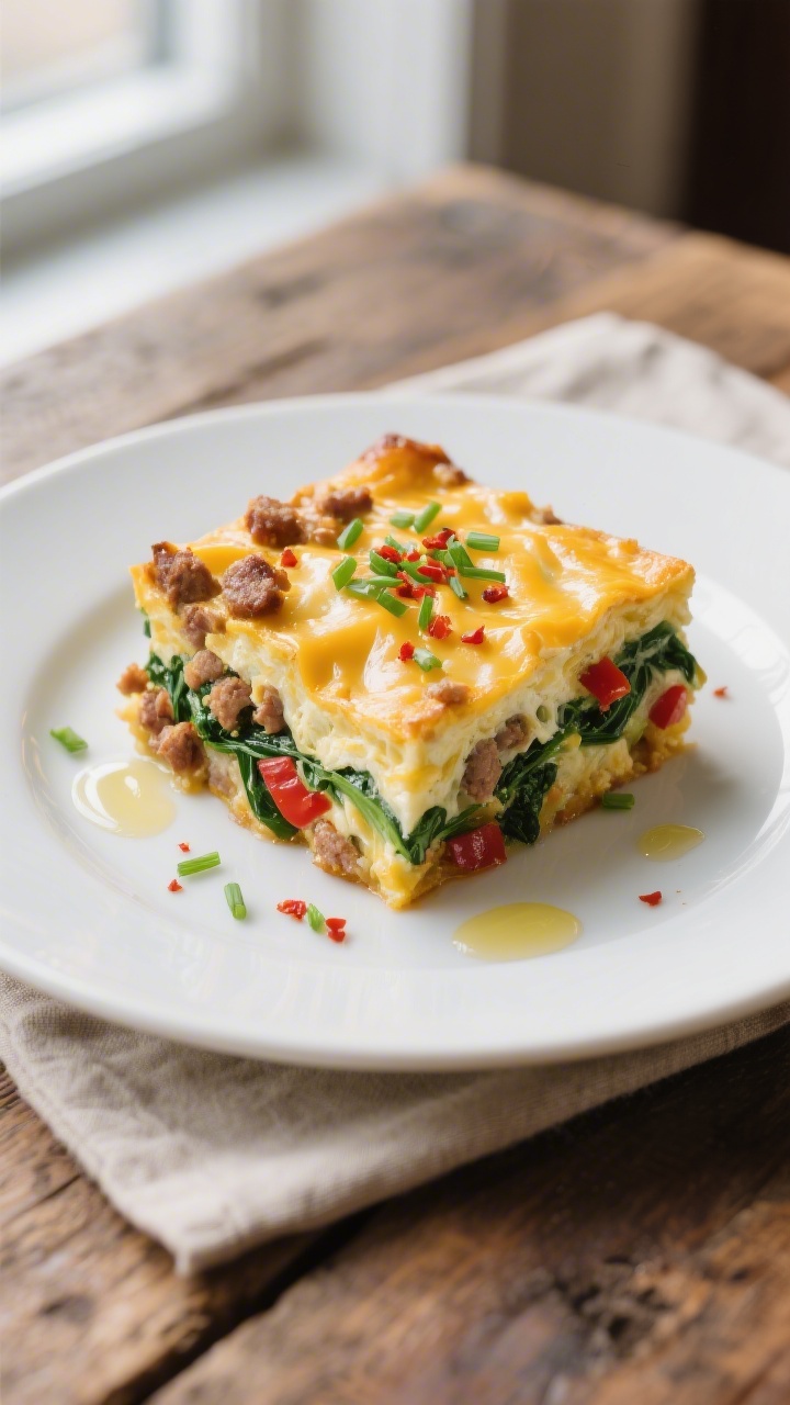 Low Carb Breakfast Casserole - A Satisfying, Make-Ahead Morning Favorite 4 Final plated dish: Restaurant-quality slice of low carb breakfast casserole served on a matte white