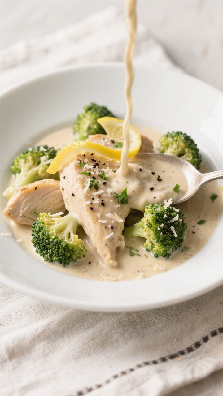 Final plated dish: Restaurant-style presentation of Creamy Garlic Chicken Broccoli Keto—chicken an