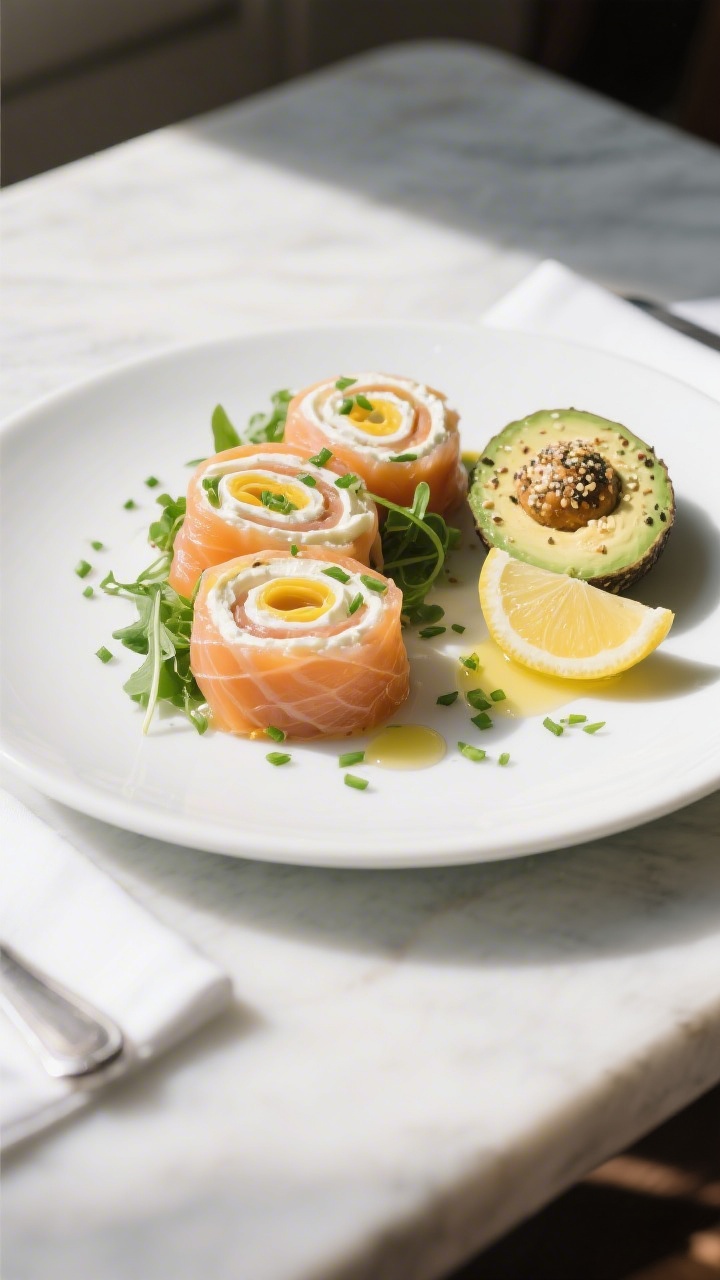 Final plated dish: Smoked salmon egg wrap sliced into neat pinwheels, cream cheese swirls and arugul