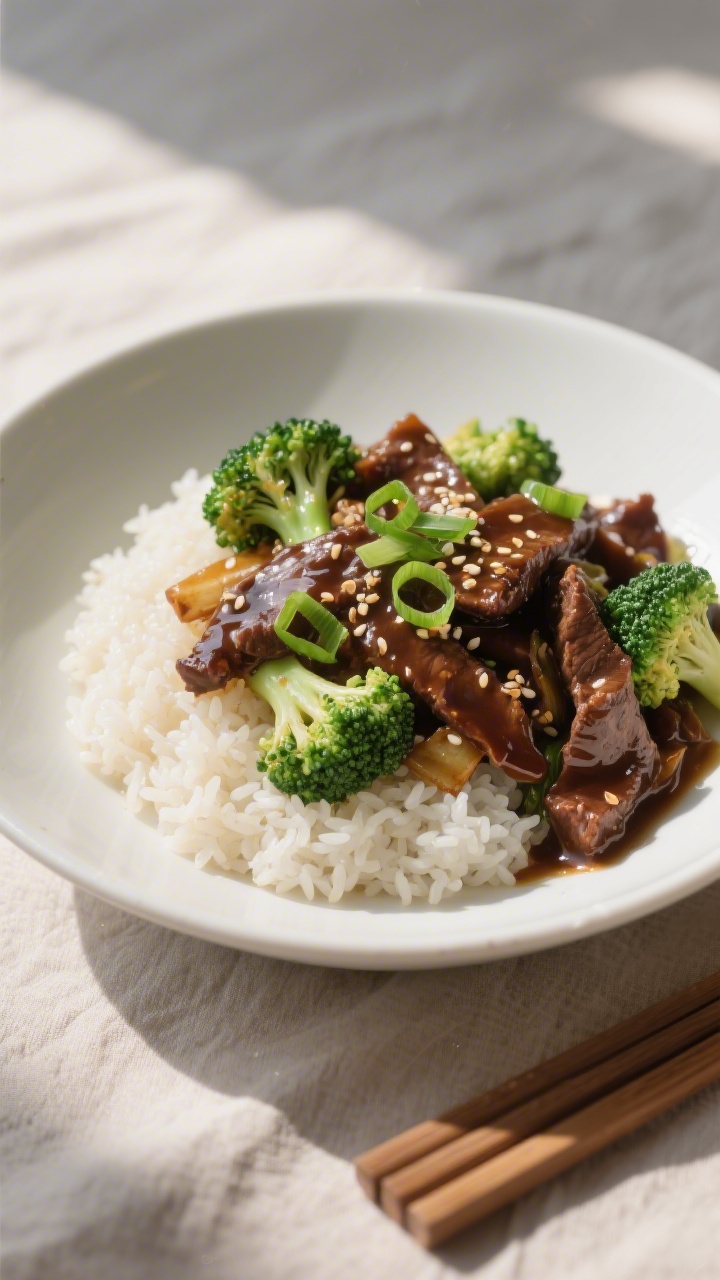 Final plated dish, three-quarter angle: Beautifully plated beef and broccoli stir-fry over a fluffy 