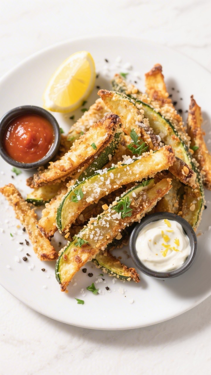 Final plated dish, top view: Overhead shot of a heaping plate of baked zucchini fries with deeply go