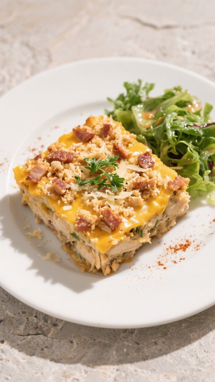Final plated dish, top view: Overhead shot of a plated serving of Low Carb Chicken Casserole on a ma