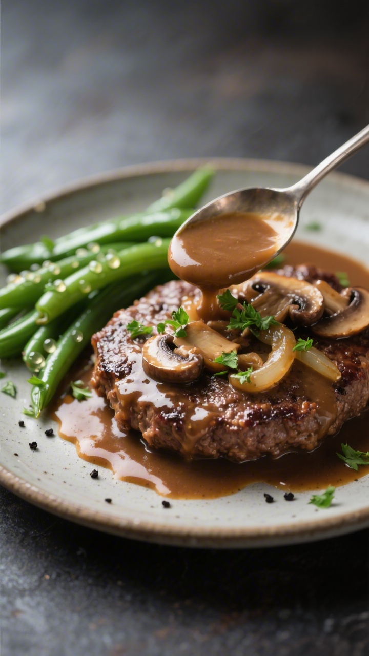 Final plated hero: Beautifully plated keto Salisbury steak for one, spooned with silky, reduced beef