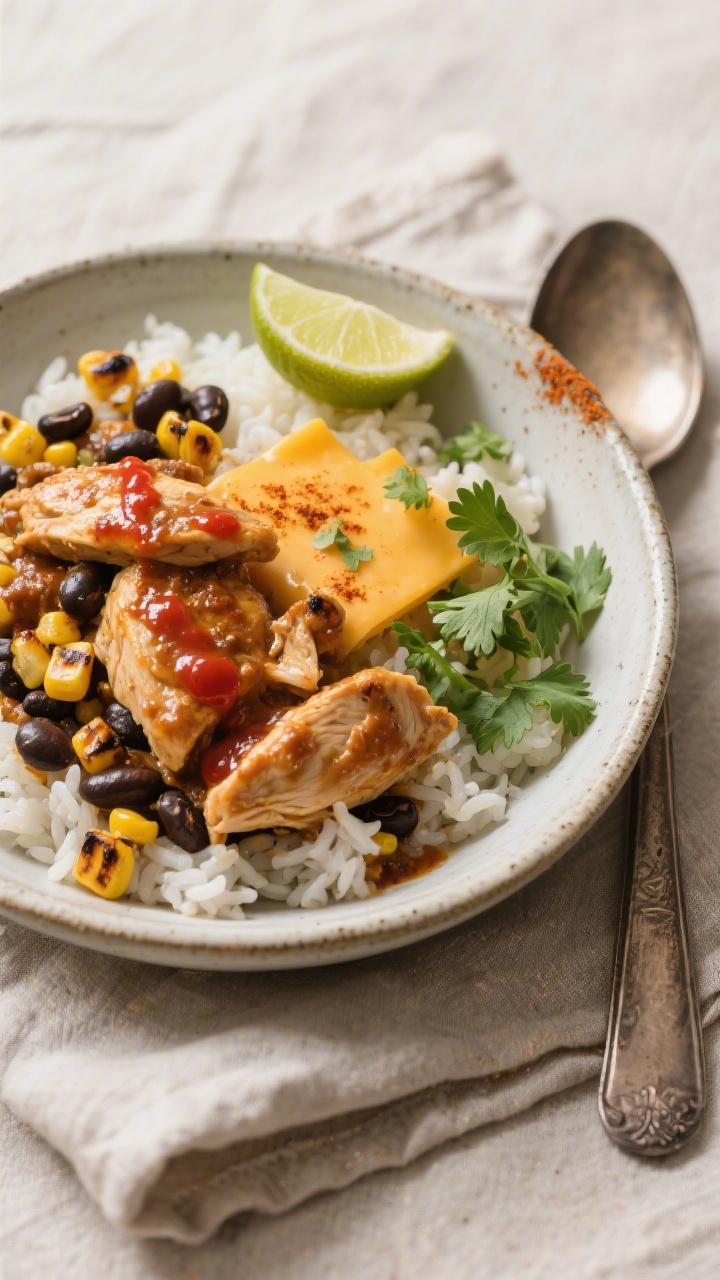 Final plated hero: Beautifully plated Slow Cooker Taco Chicken Bowl in a wide, shallow stoneware bow