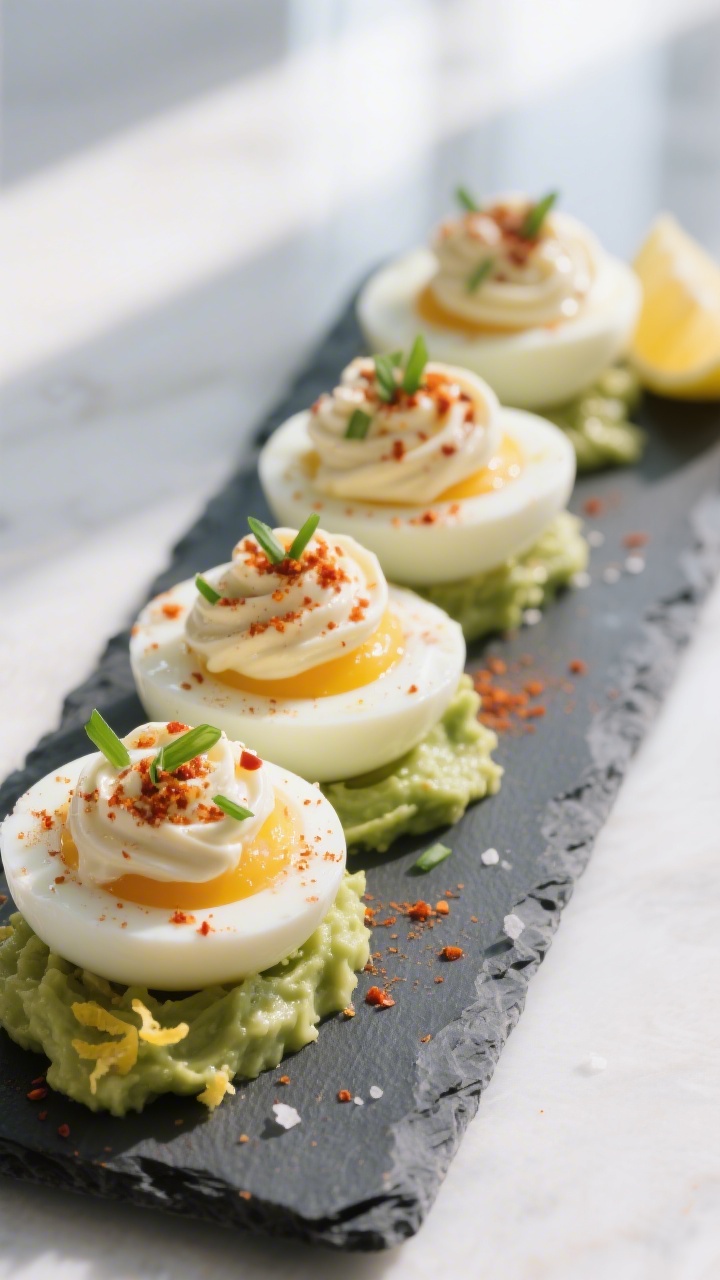 Final plated keto presentation: Beautifully plated “Spicy Snack Eggs”—hard-boiled egg halves t