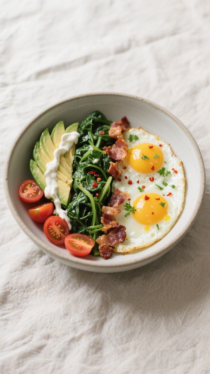 Final plated overhead: Keto breakfast bowl fully assembled in a matte ceramic bowl on a light linen,
