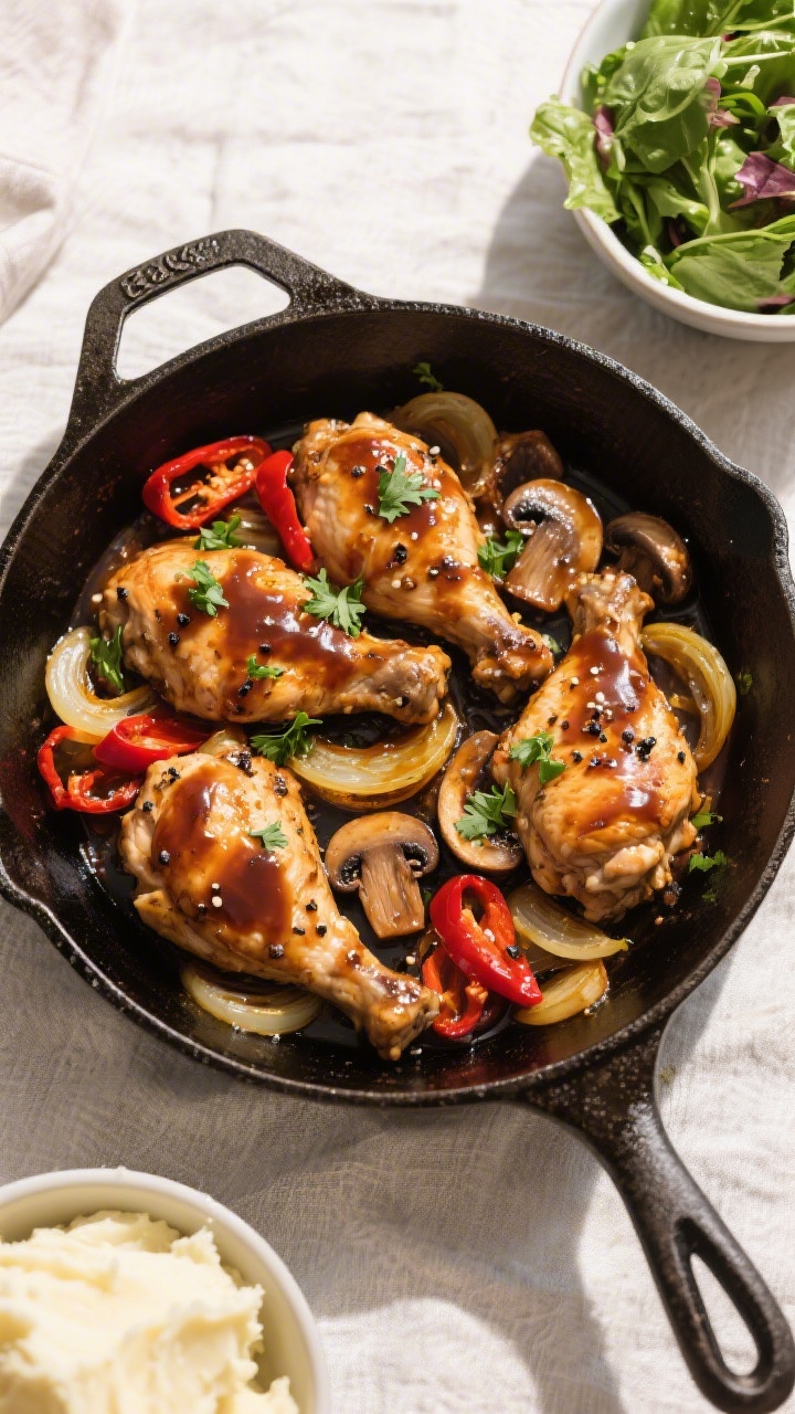Final plated overhead: of Easy Balsamic Chicken Skillet served family-style in the pan, chicken piec