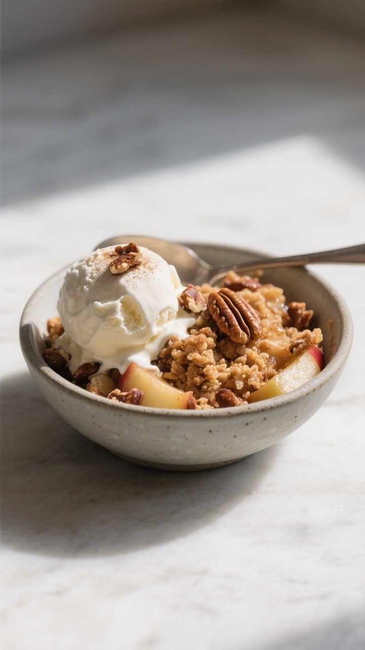 Final plated presentation: A restaurant-quality bowl of warm low carb apple crisp served with a scoo