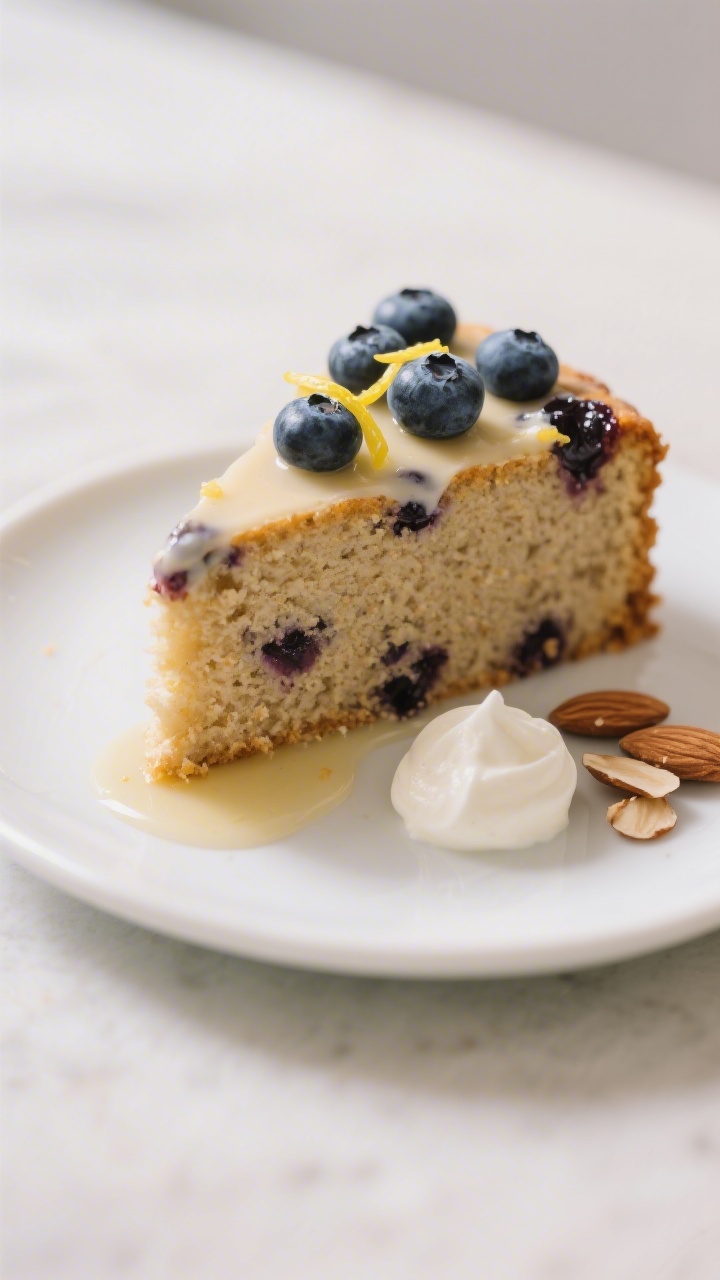 Final plated presentation: A thick slice of the flourless lemon‑blueberry cake on a small white de
