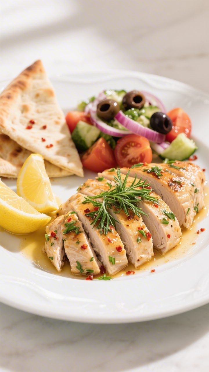 Final plated presentation: beautifully sliced Greek lemon herb chicken fanned on a white ceramic pla