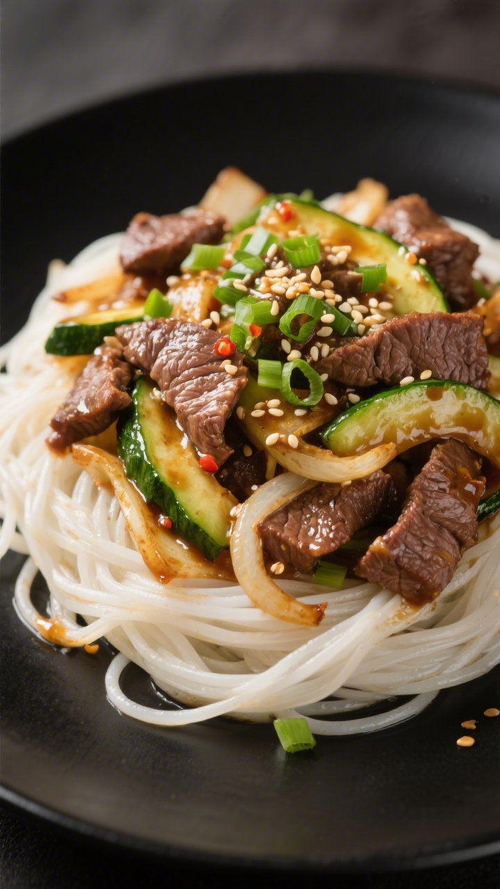 Final plated presentation, detail-driven: Beautifully plated Beef Zucchini Stir Fry mounded on rice 