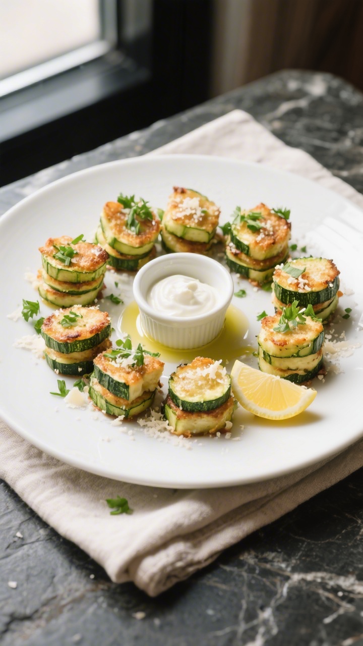 Final plated presentation of zucchini bites arranged in a neat crescent on a matte white plate with 