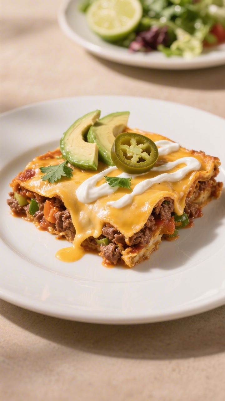 Final plated presentation: Single serving of low carb enchilada casserole on a warm white ceramic pl