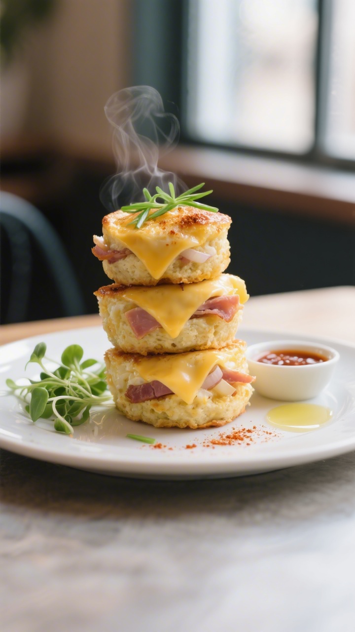 Final plated presentation: Three warm egg bites stacked and fanned on a matte white plate, interiors