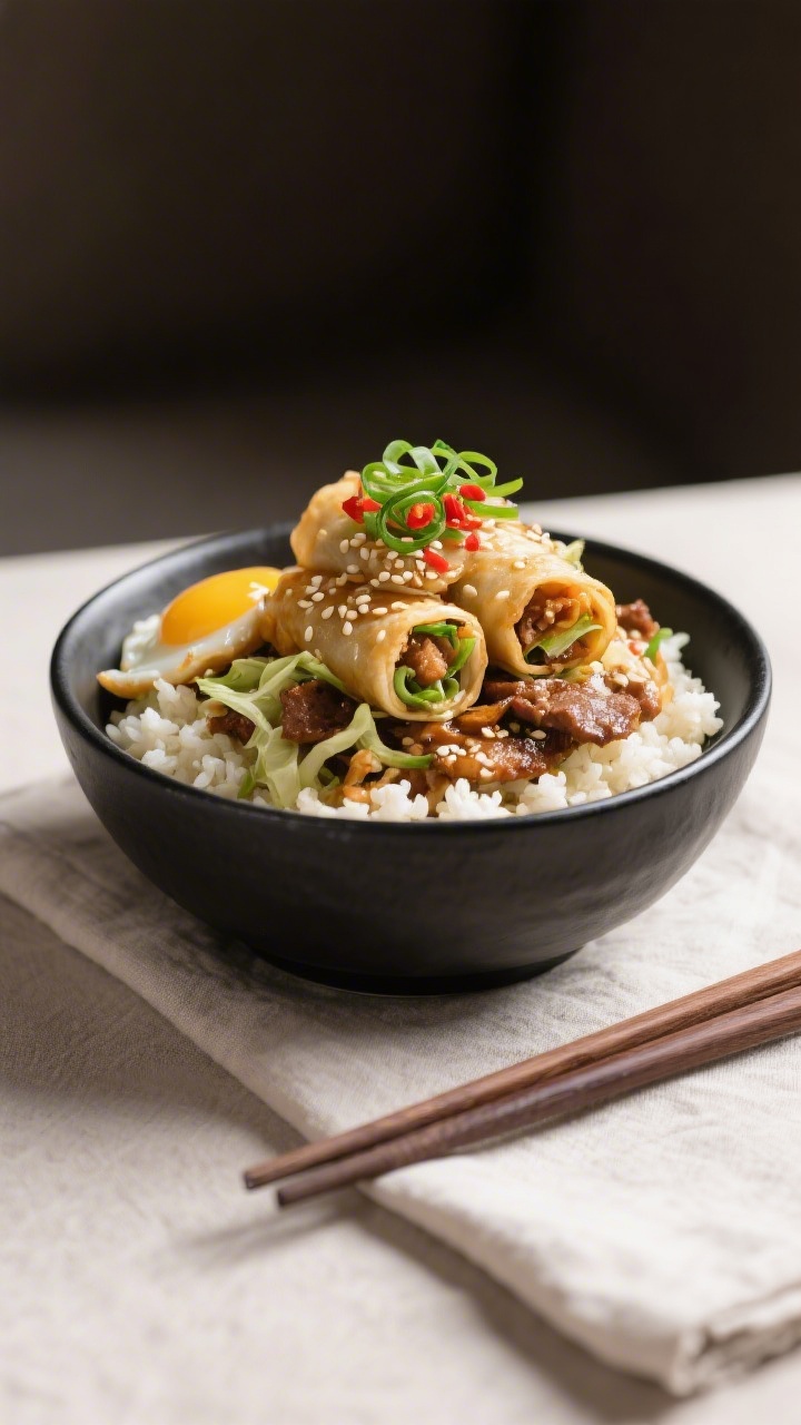 Final plated restaurant-quality: Single-serve portion of egg roll in a bowl mounded in a matte black