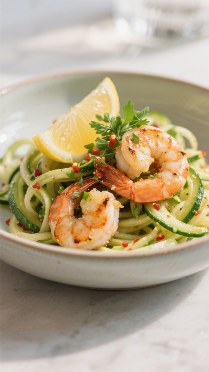 Final plated variation, restaurant-style: Beautifully plated Garlic Shrimp and Zoodles—garlic-butt