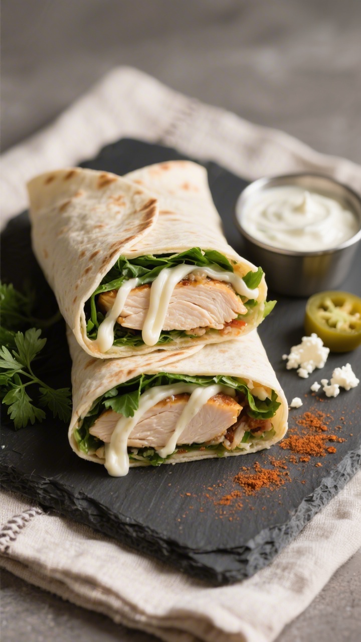 Low Carb Garlic Chicken Wraps - Easy, Flavor-Packed, and Satisfying 4 Final plated wrap: Beautifully presented low carb garlic chicken wrap sliced on the bias, stacked ha