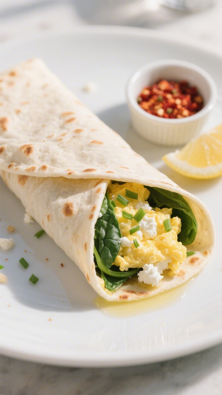 Final plated wrap, close-up detail: Beautifully folded cottage cheese flatbread wrap on a matte whit