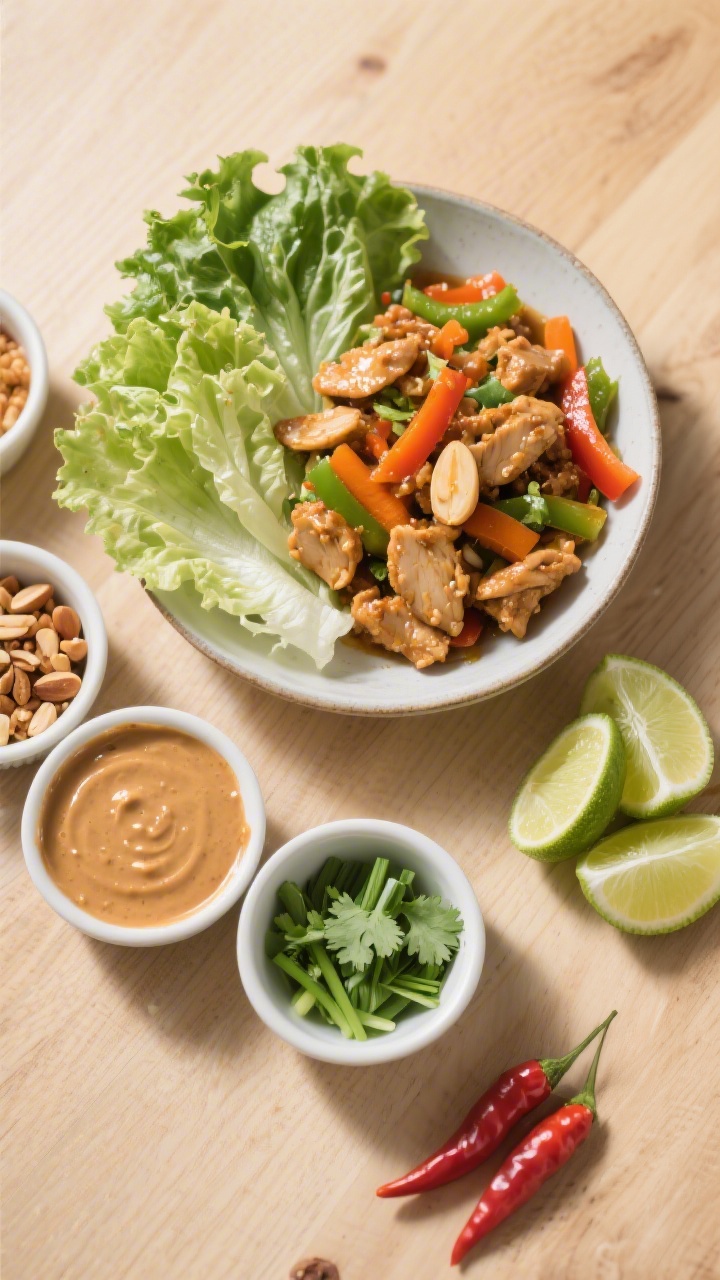 Overhead “build-your-own” scene: Top-down shot of an organized spread—chilled, dried lettuce l