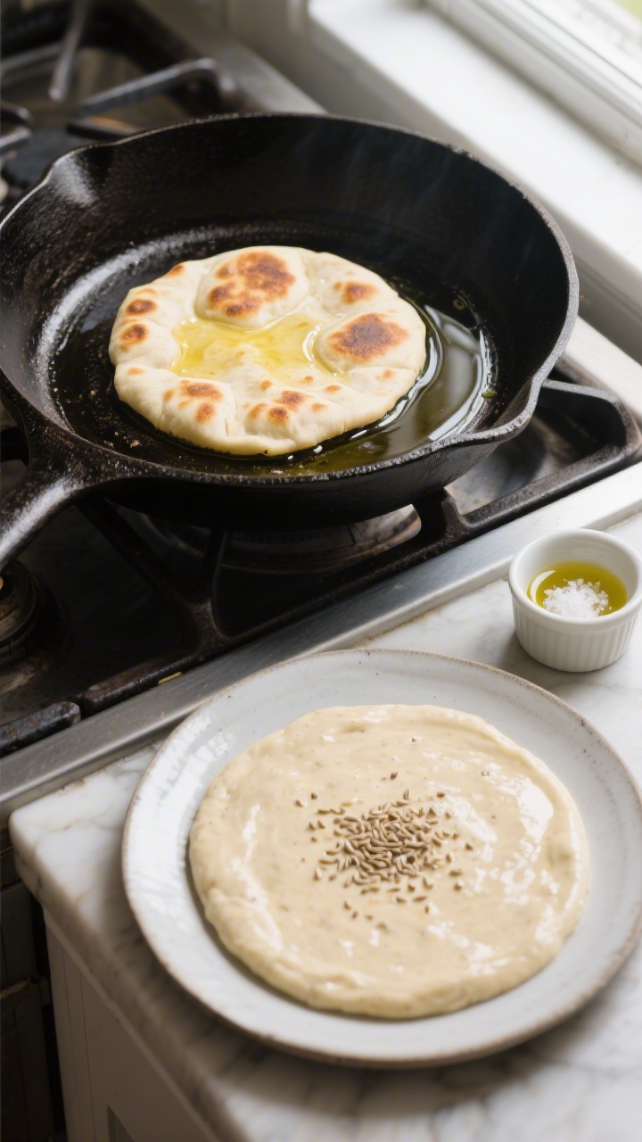 Overhead shot of skillet flatbreads cooking process: a cast-iron skillet over medium heat with a thi