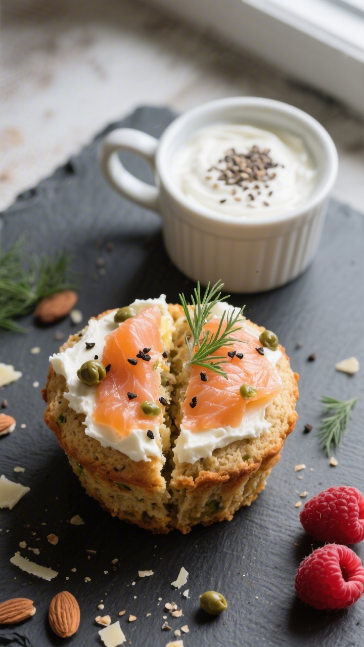 Overhead tasty top view: Almond flour savory mug muffin, split and slightly buttered, topped with a 