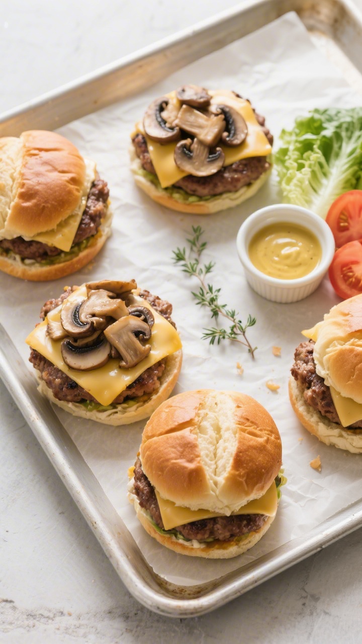 Overhead “tasty top view”: Four assembled Mushroom Swiss Turkey Burgers on a parchment-lined she