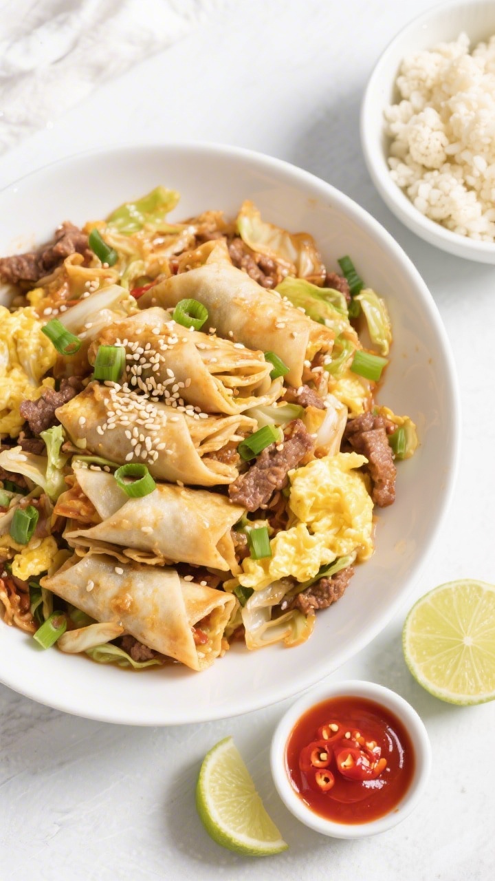 Overhead tasty top view: Low carb egg roll in a bowl served family-style in a large white shallow bo
