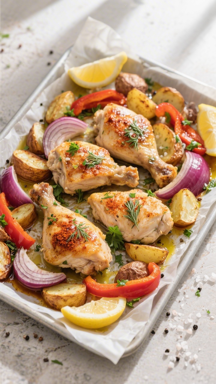 Overhead “tasty top view” of a sheet pan roast: cooked Greek lemon herb chicken breasts and thig