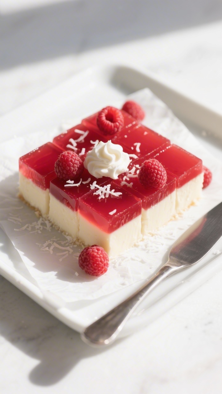 Overhead “tasty top view” of finished two-tone low carb jello cut into neat squares: a transpare
