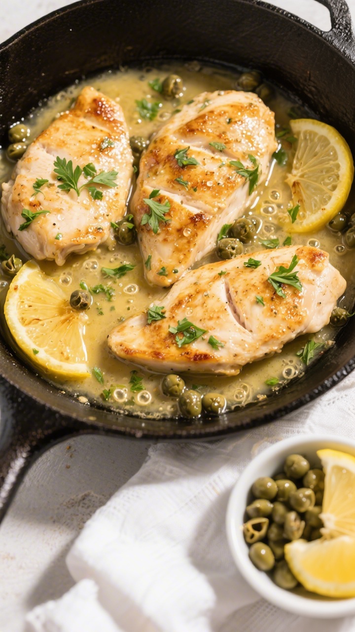 Overhead tasty top view — saucy details: Top-down shot of chicken piccata arranged family-style in